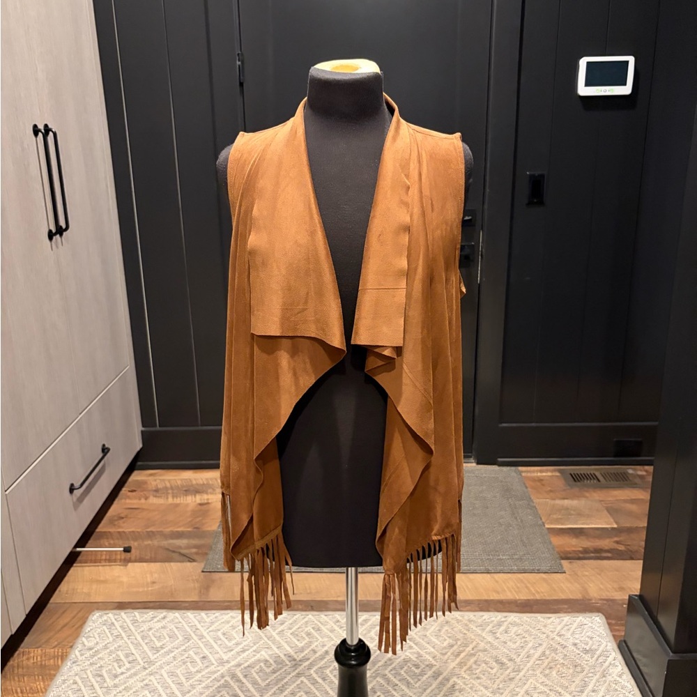 Soft Faux Suede Look Fringe Vest Boho Western Brown Open Front Size M